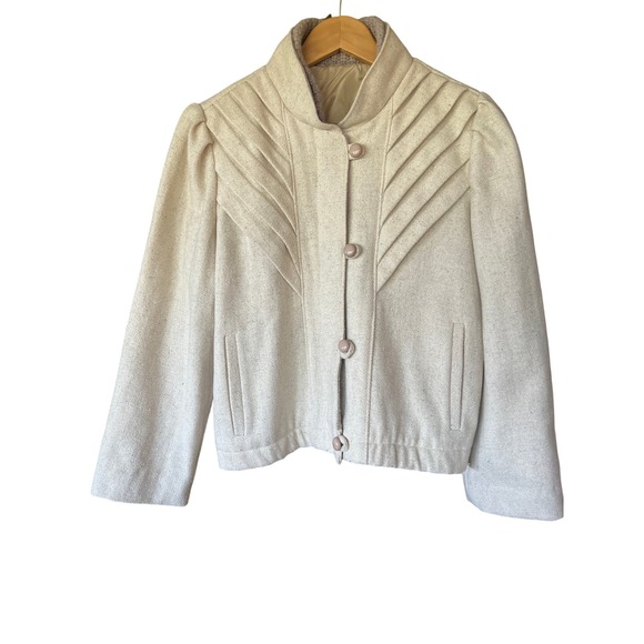 Vtg 70s Cream Wool Pleated Sunburst Jacket Puff Shoulder Quiet Luxury ILGWU Mod - Picture 3 of 16